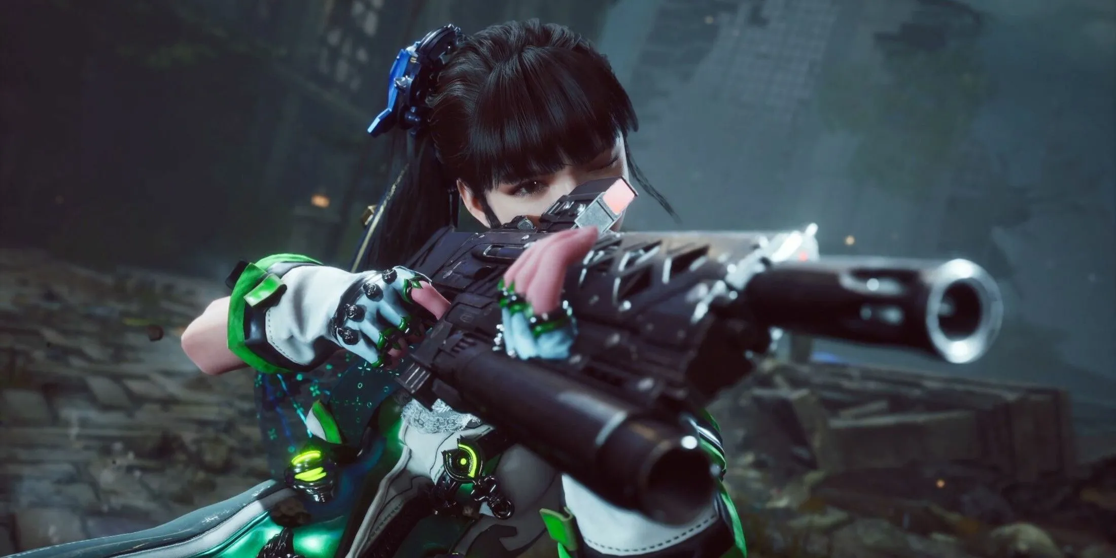 Eve trong Stellar Blade với khẩu súng trên lưng, chuẩn bị đối mặt với kẻ thù trong game.
