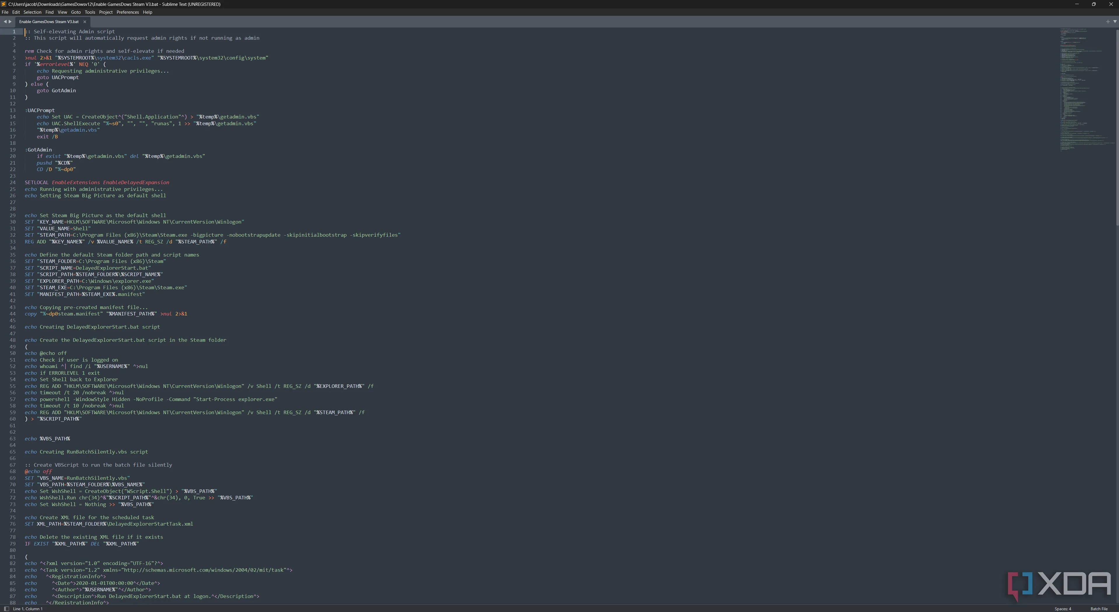 File batch GameDows mở trong Sublime Text, cho thấy các dòng lệnh tinh chỉnh Windows và Steam để tự động hóa.