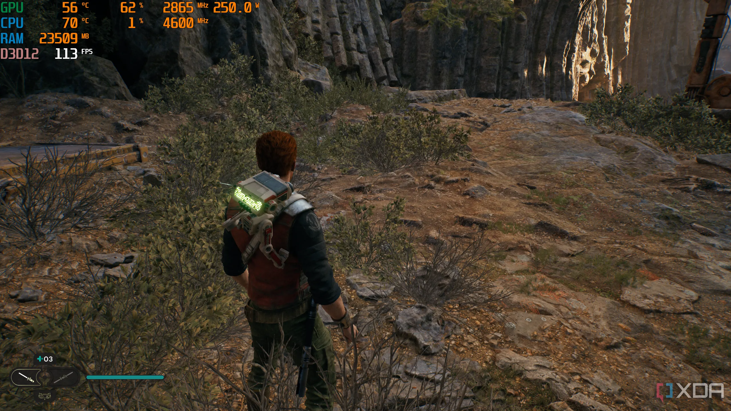 Game Jedi Survivor đang chạy trên PC với MSI Afterburner giám sát hiệu năng, cho thấy sự thiếu tối ưu của các tựa game AAA.