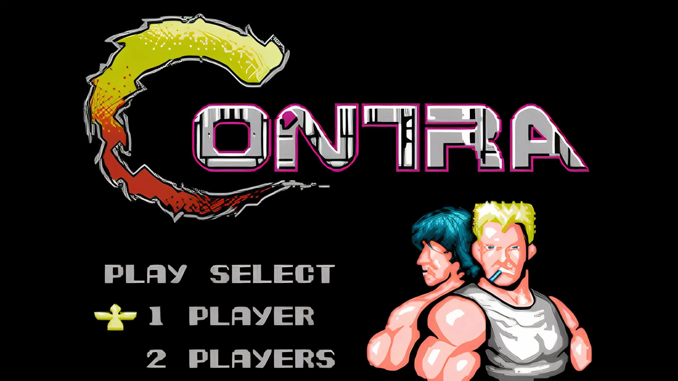 Gameplay Contra hiển thị hai nhân vật chính đang bắn kẻ thù trong một màn hình cuộn ngang, đặc trưng của thể loại run-and-gun NES.