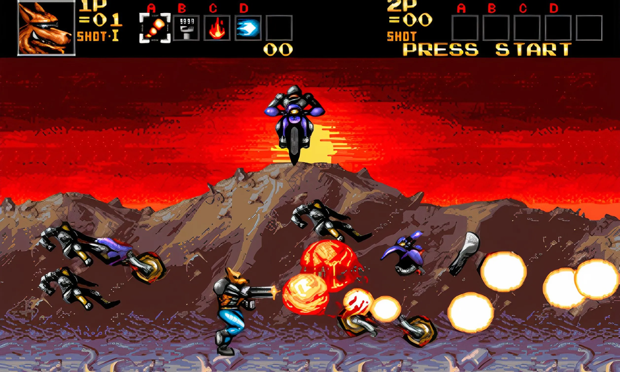 Gameplay của Contra: Hard Corps trên Sega Genesis, hiển thị nhân vật đang bắn súng qua màn hình đầy kẻ địch và đạn