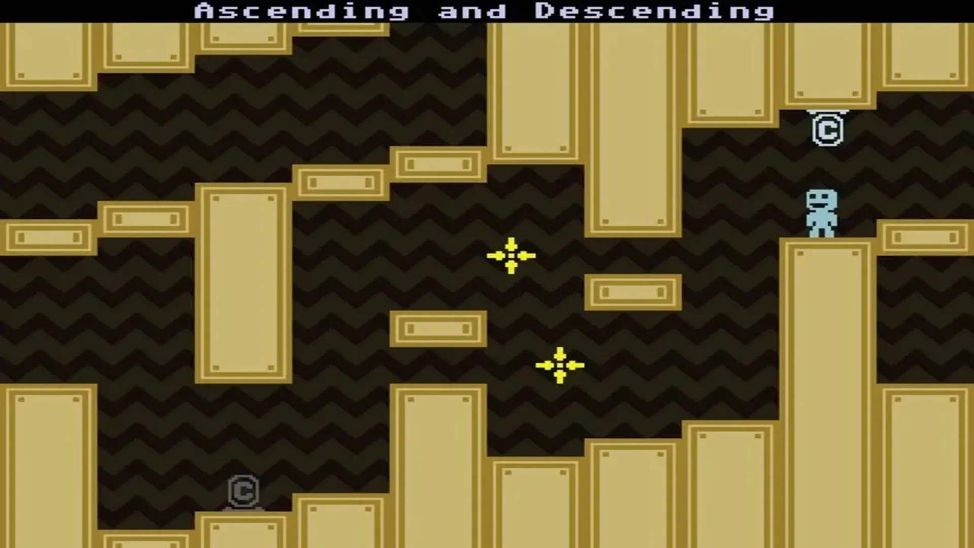 Gameplay của VVVVVV với nhân vật Captain Viridian đang vượt qua chướng ngại vật bằng cách thay đổi trọng lực trong môi trường pixel cổ điển.