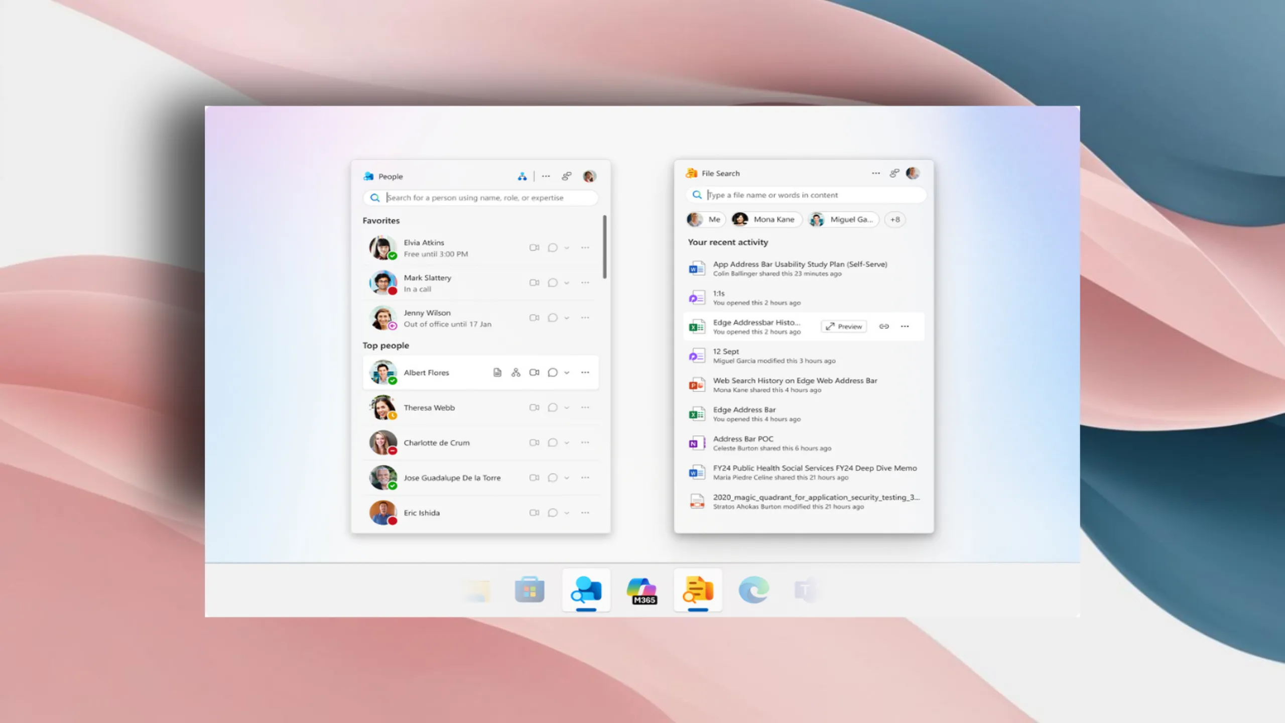 Giao diện các ứng dụng mini People và File Search của Microsoft 365 đang hoạt động trên Windows 11, minh họa cách chúng cải thiện năng suất.
