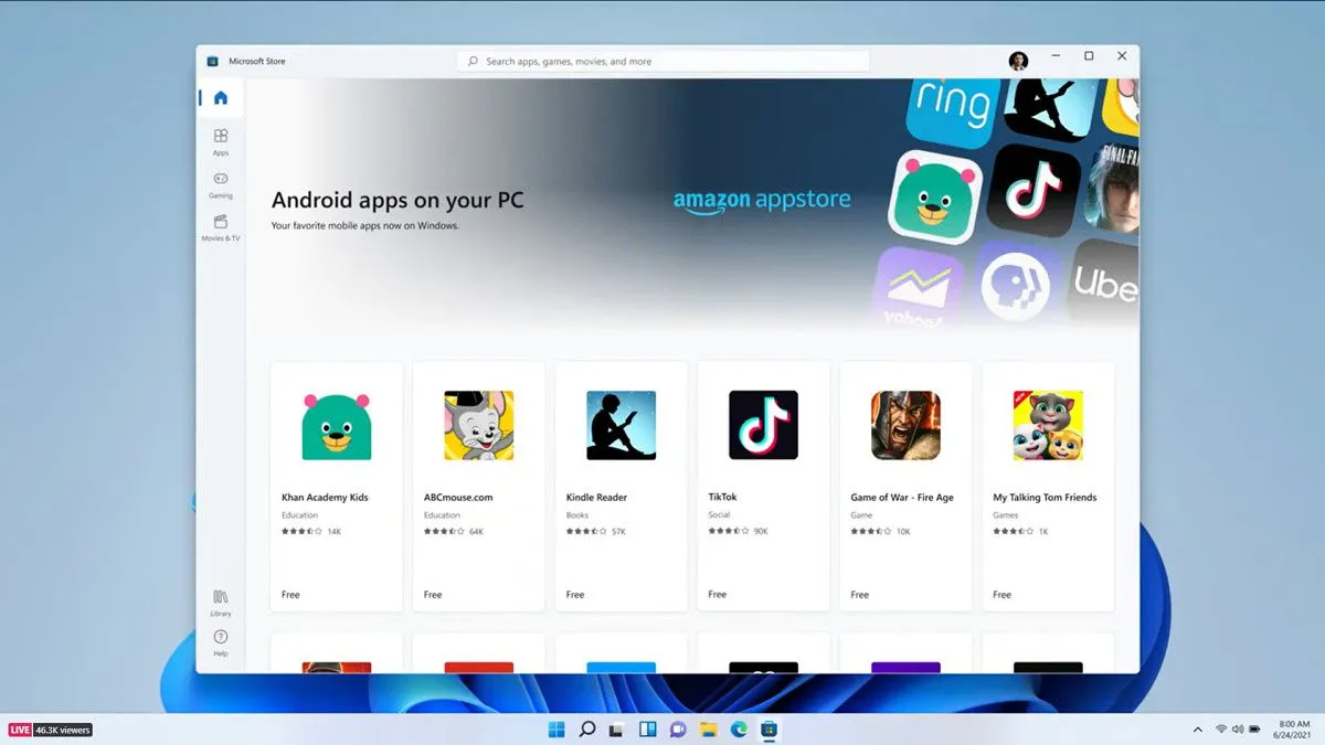 Giao diện chạy ứng dụng Android trên Windows 11, minh họa khả năng tương thích ứng dụng di động trên máy tính