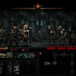 Giao diện chiến đấu game Darkest Dungeon với các nhân vật anh hùng và quái vật u ám