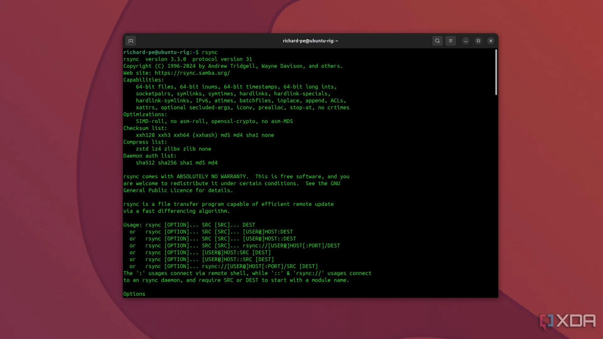 Giao diện dòng lệnh Ubuntu 24.10 hiển thị lệnh Rsync đang chạy, minh họa khả năng đồng bộ dữ liệu hiệu quả.
