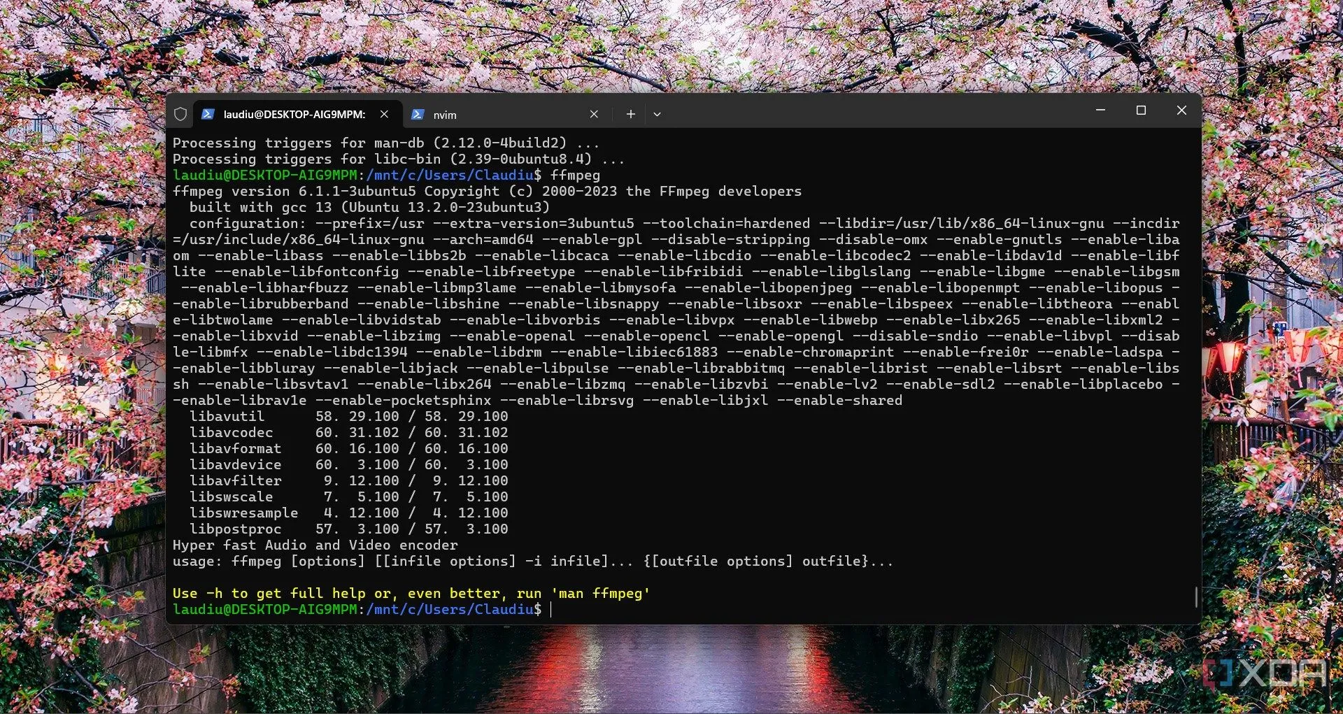 Giao diện dòng lệnh Windows 11 hiển thị quá trình chạy ffmpeg thông qua WSL, minh chứng cho sự tích hợp của Fedora Linux.