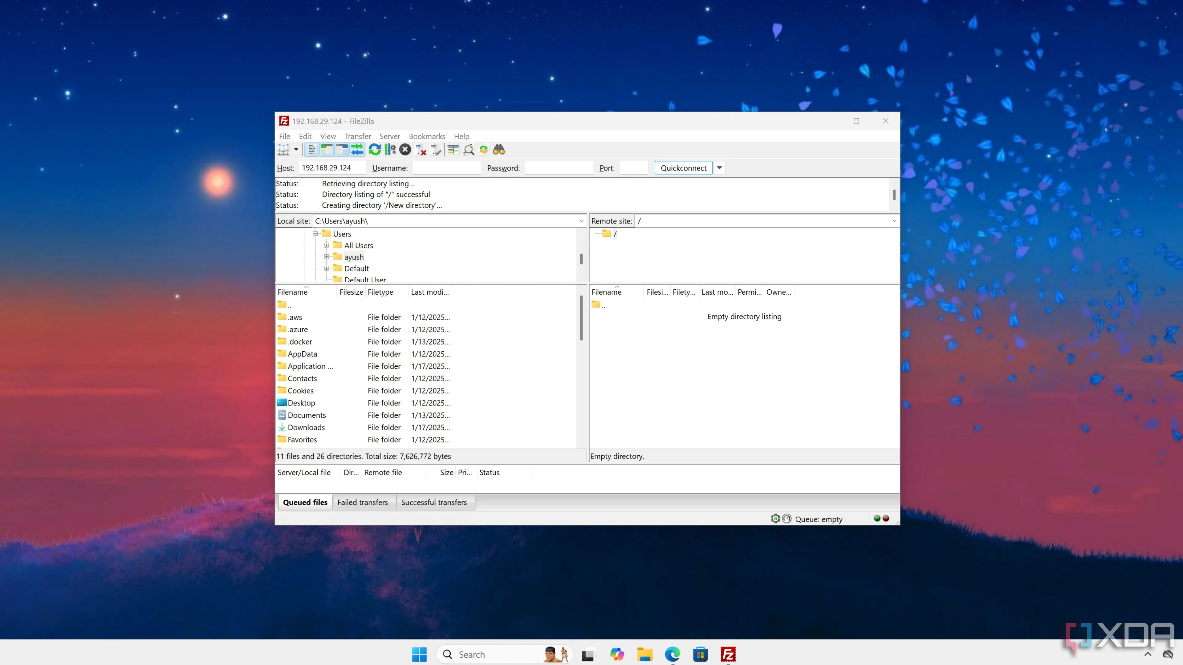 Giao diện FileZilla khi đang truy cập và di chuyển các tập tin giữa máy tính và Home Lab