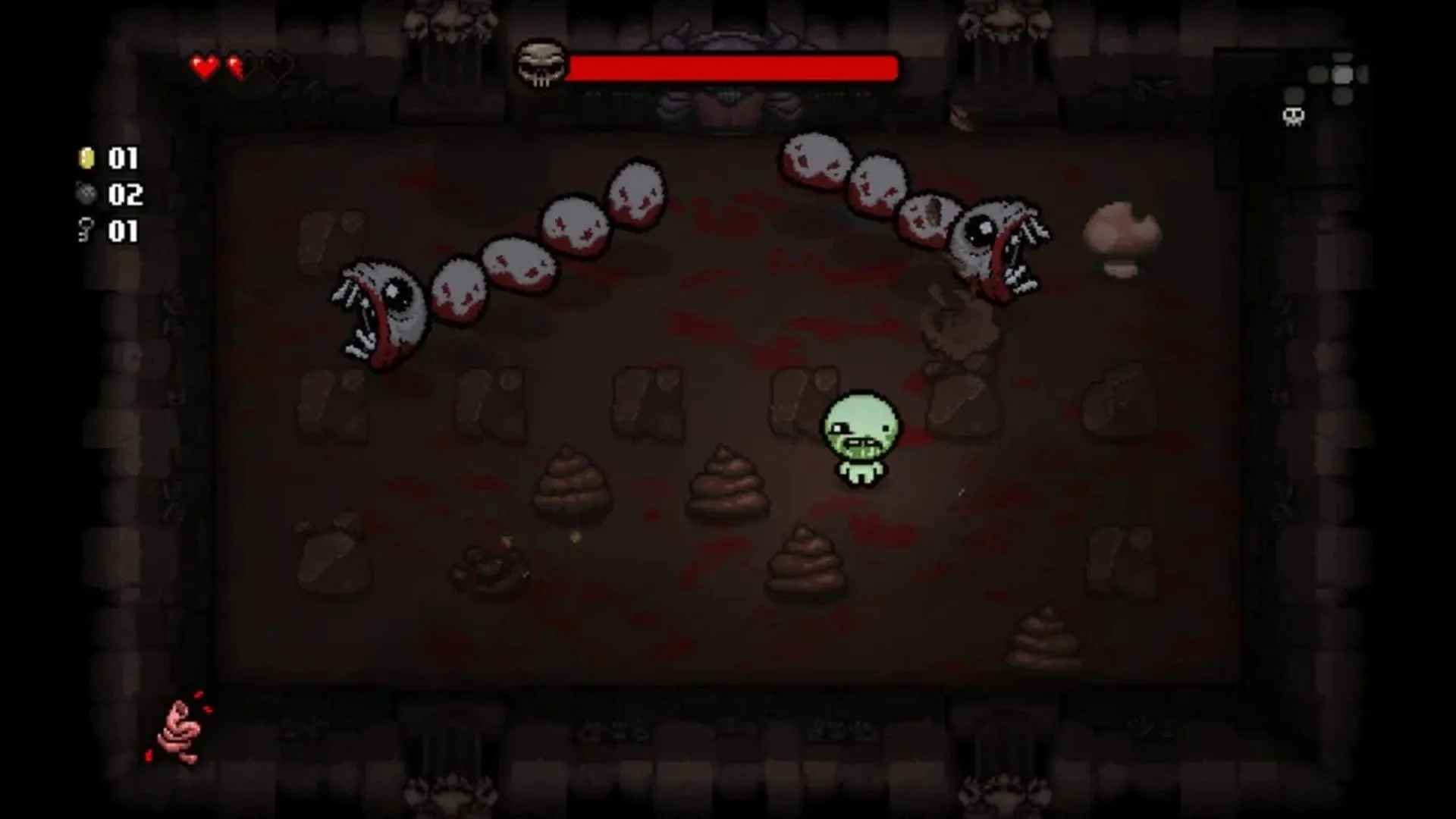 Giao diện gameplay của The Binding of Isaac Rebirth, hiển thị Isaac đang chiến đấu với kẻ thù trong một dungeon tối tăm, thể hiện phong cách đồ họa hoạt hình đáng sợ.