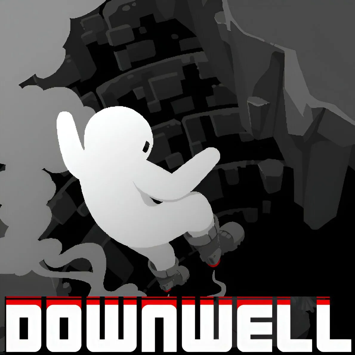 Giao diện gameplay độc đáo của game roguelike Downwell khi nhân vật rơi xuống giếng.