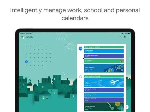 Giao diện Google Calendar trên iPad hiển thị các sự kiện và tác vụ Google Tasks được đồng bộ