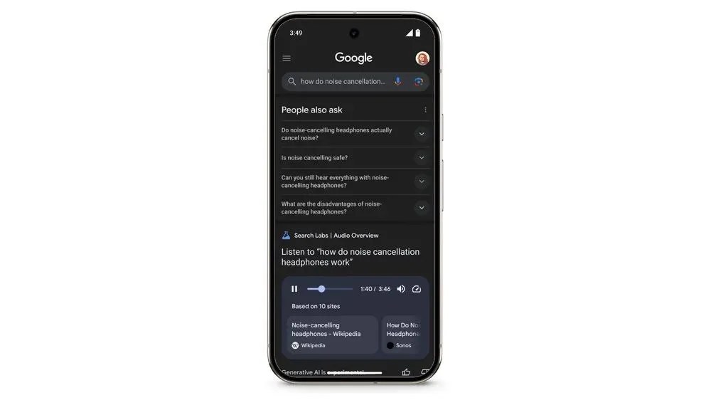 Giao diện Google Search hiển thị tính năng tóm tắt âm thanh AI (Audio Overviews) ngay dưới phần 'Mọi người cũng hỏi'