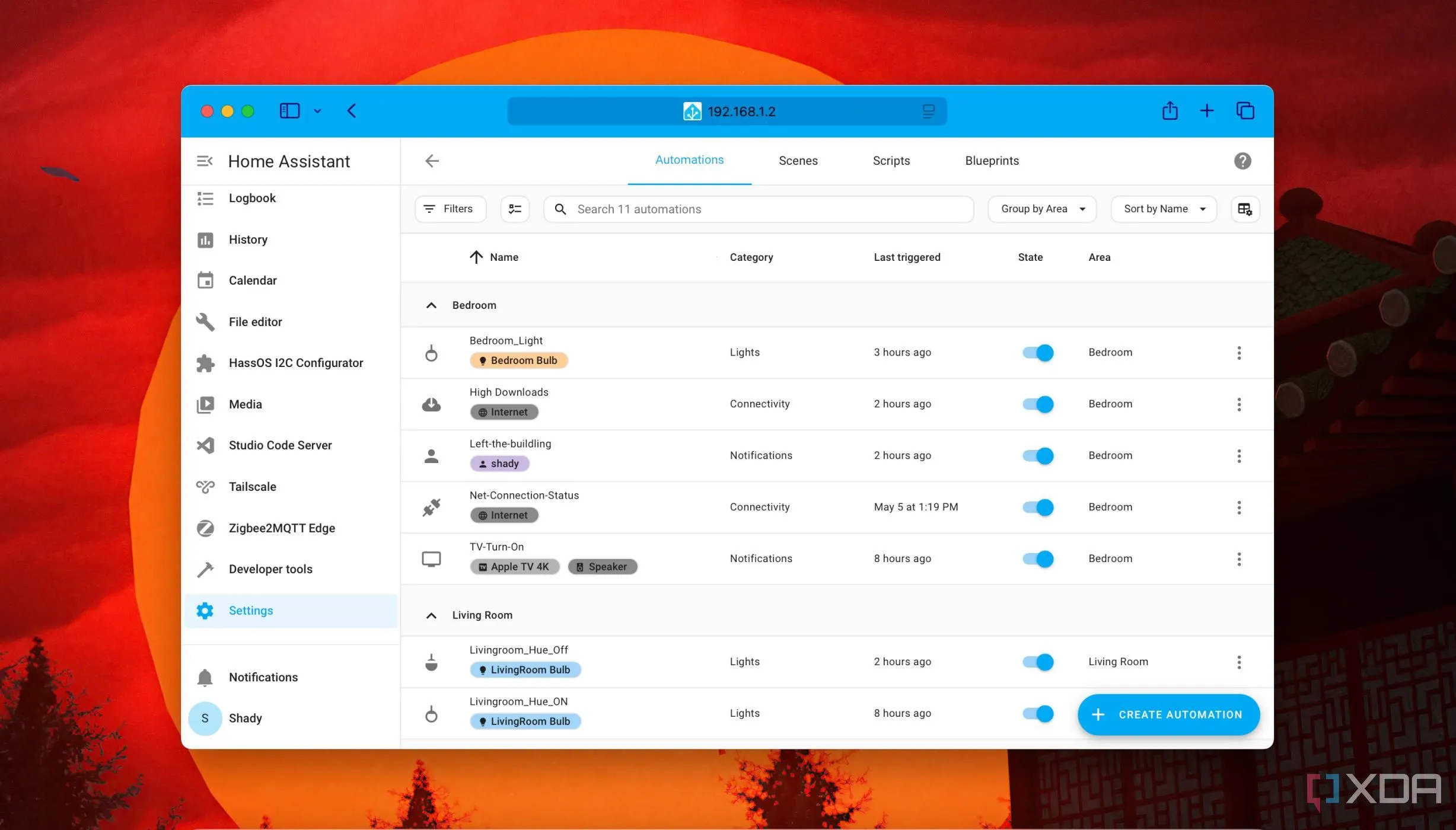 Giao diện Home Assistant hiển thị cách sắp xếp các quy tắc tự động hóa theo khu vực, giúp quản lý thiết bị thông minh dễ dàng.