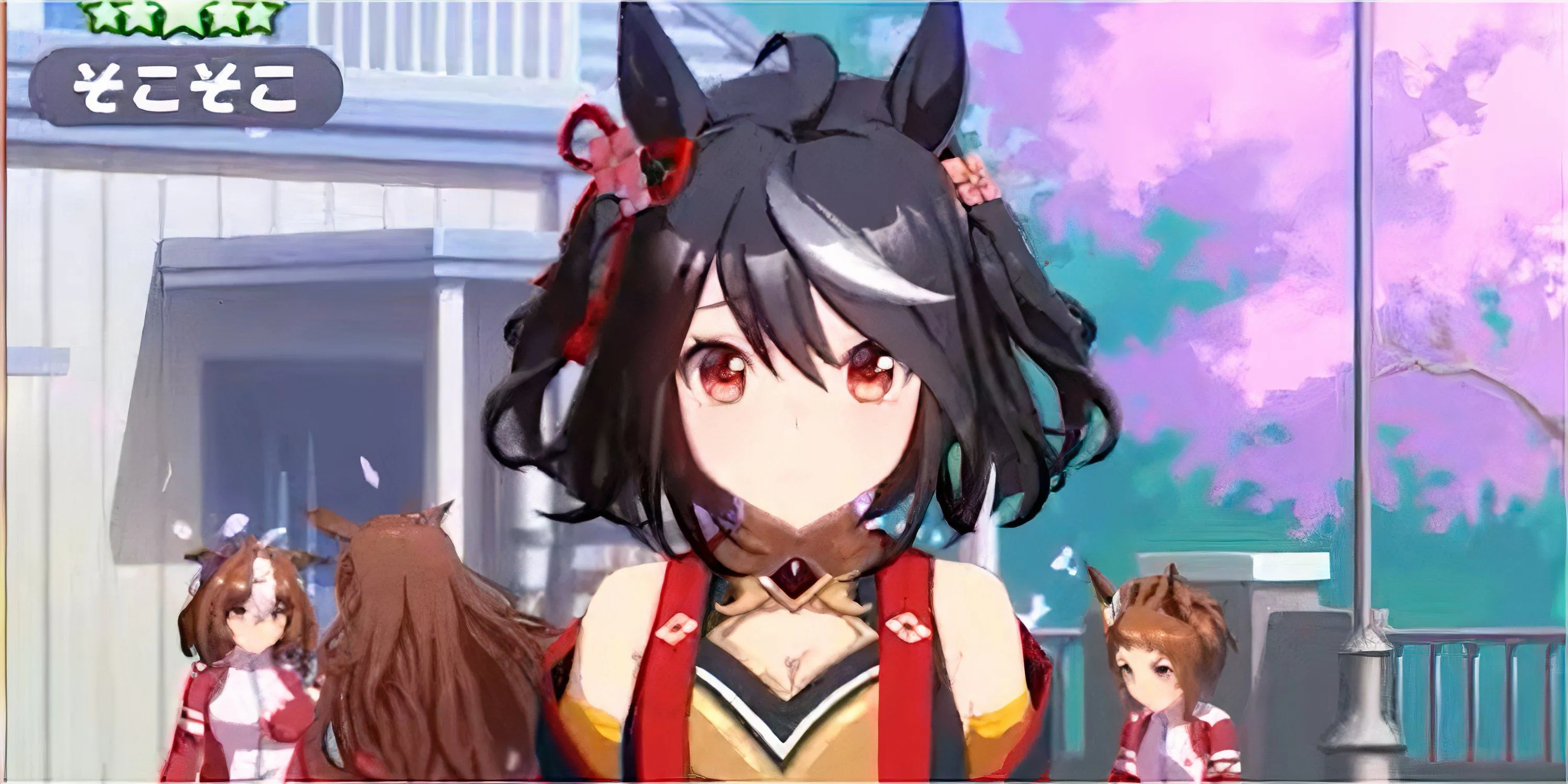 Giao diện huấn luyện nhân vật trong game Umamusume Pretty Derby, hiển thị các lựa chọn nâng cấp chỉ số và tương tác cùng cô gái ngựa trong môi trường visual novel.