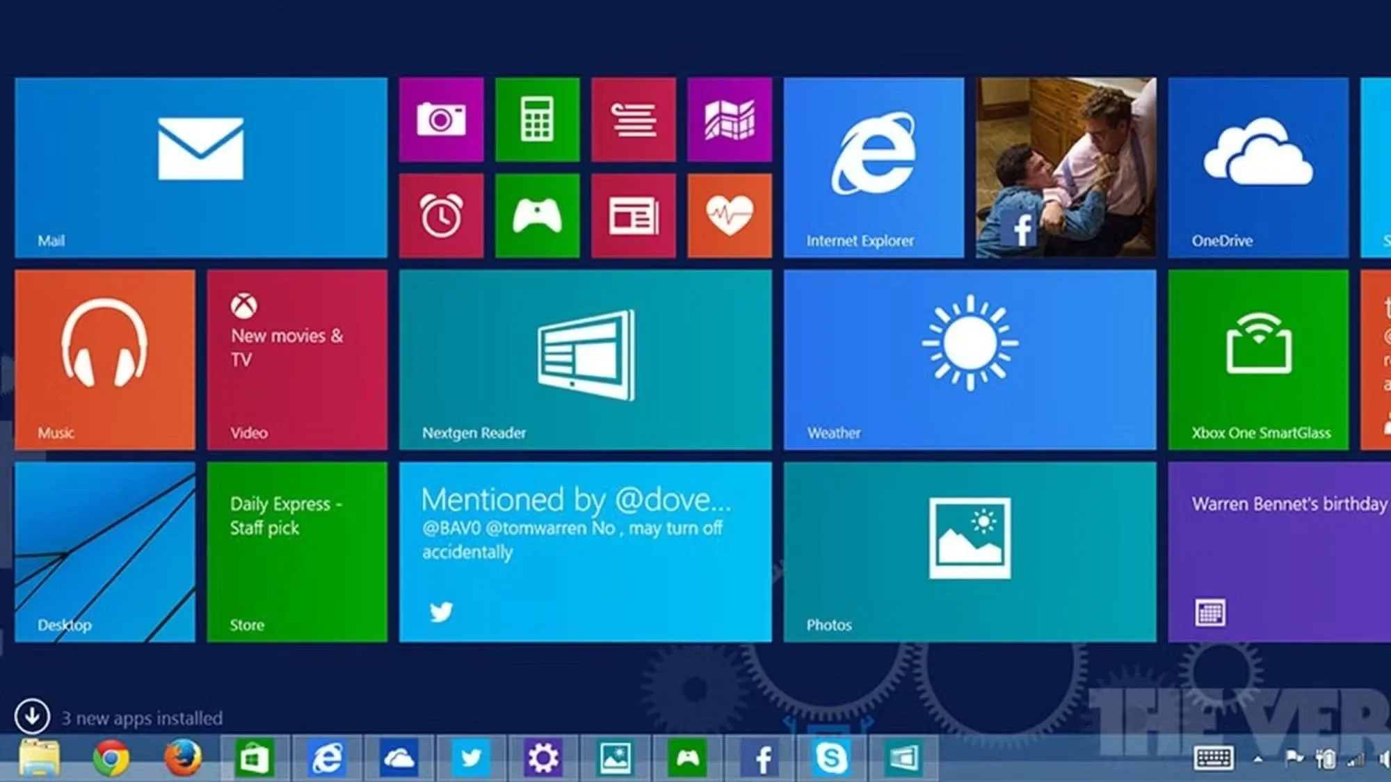 Giao diện màn hình Start của Windows 8.1 với thanh Taskbar, minh họa các tính năng tiềm ẩn
