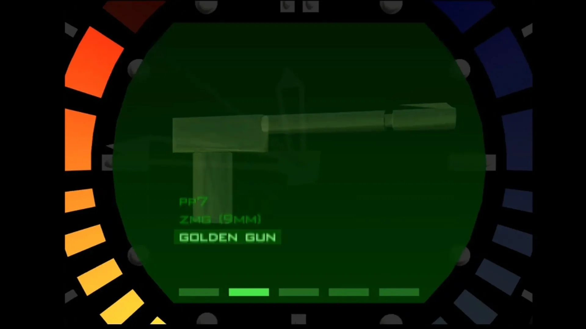 Giao diện menu lựa chọn Súng Vàng trong game GoldenEye 007 trên hệ máy Nintendo 64