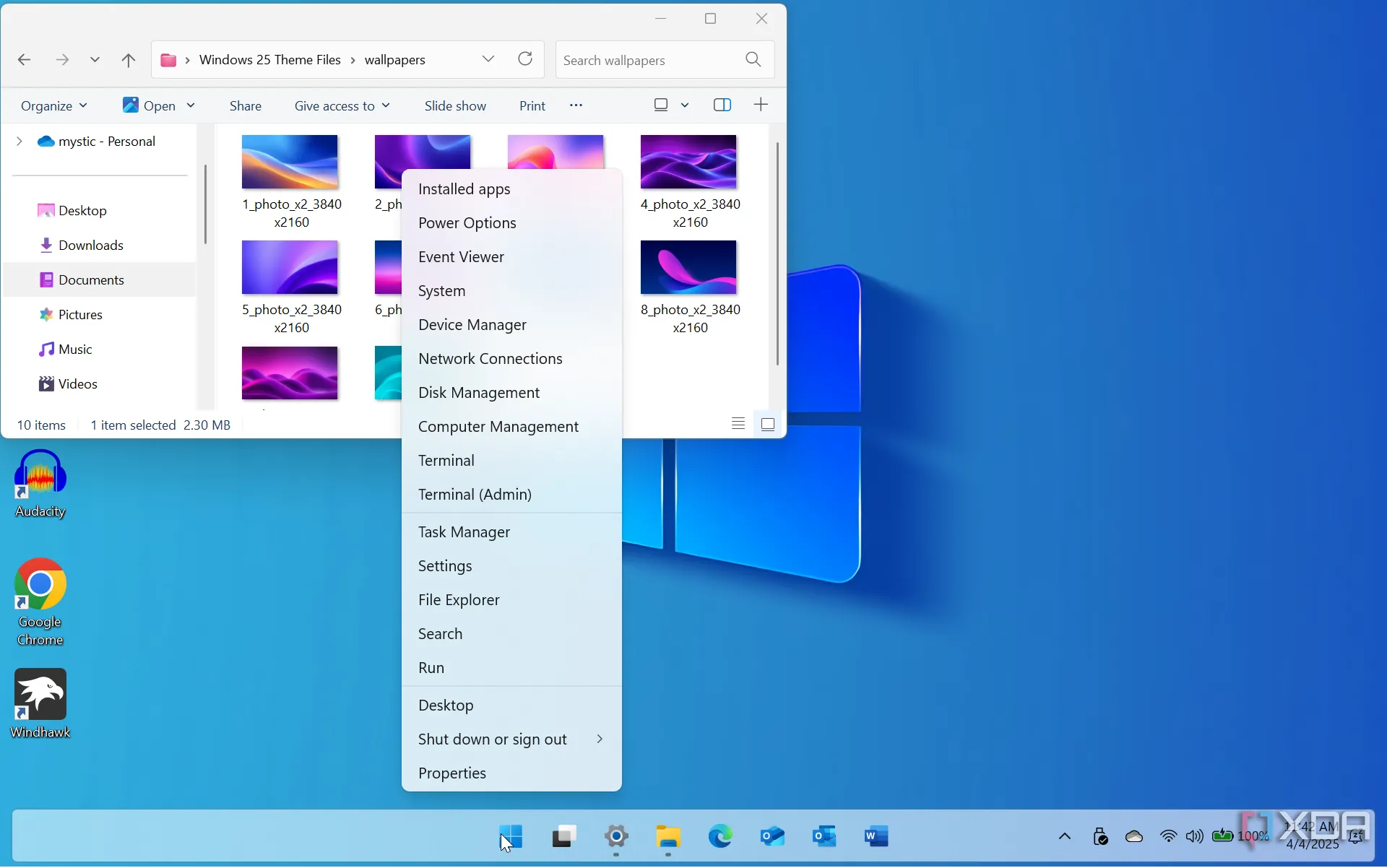 Giao diện menu người dùng nâng cao trong bản mod Windows 25, hiển thị Start menu được tùy chỉnh