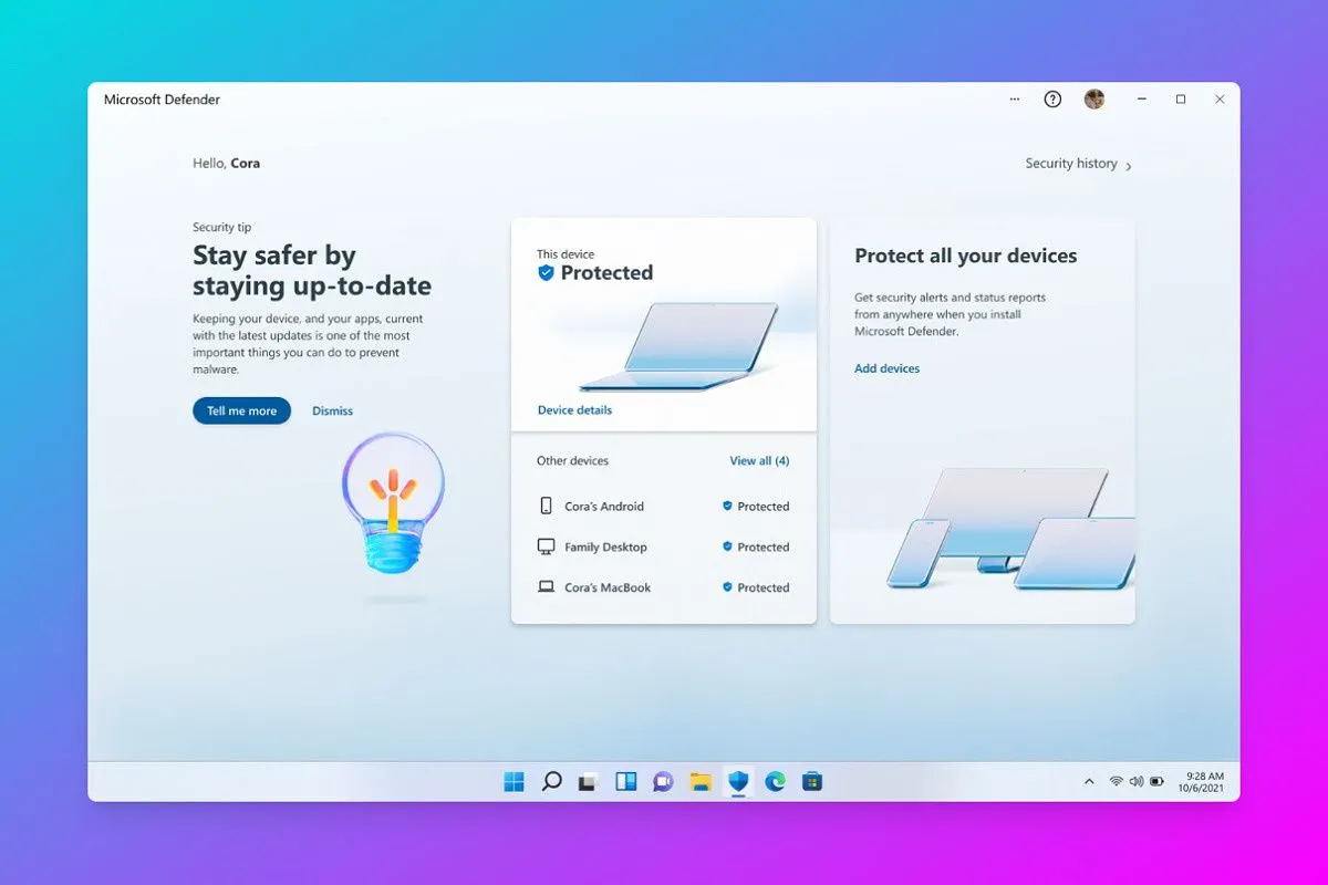 Giao diện Microsoft Defender, minh họa khả năng bảo vệ tăng cường cho các bản cài đặt Windows cũ.