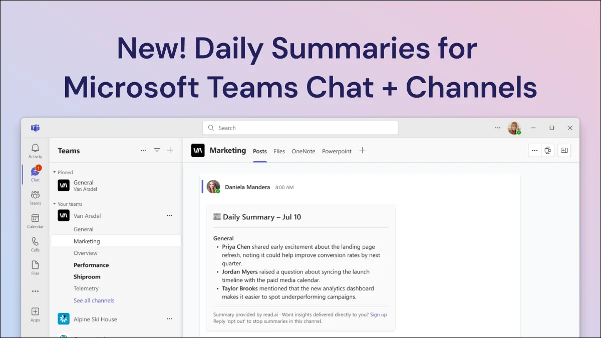 Giao diện Microsoft Teams hiển thị tóm tắt tin nhắn hàng ngày từ Read AI, giúp người dùng cập nhật nhanh chóng các cuộc trò chuyện và kênh quan trọng.