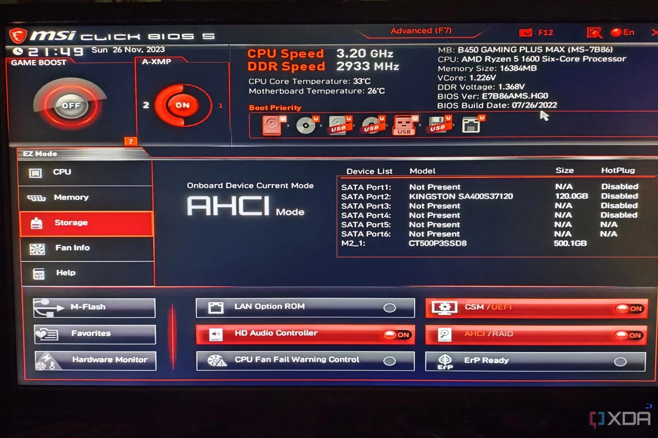 Giao diện MSI Click BIOS 5 hiển thị các ổ đĩa lưu trữ, cho thấy khả năng truy cập phần cứng thông qua BIOS.