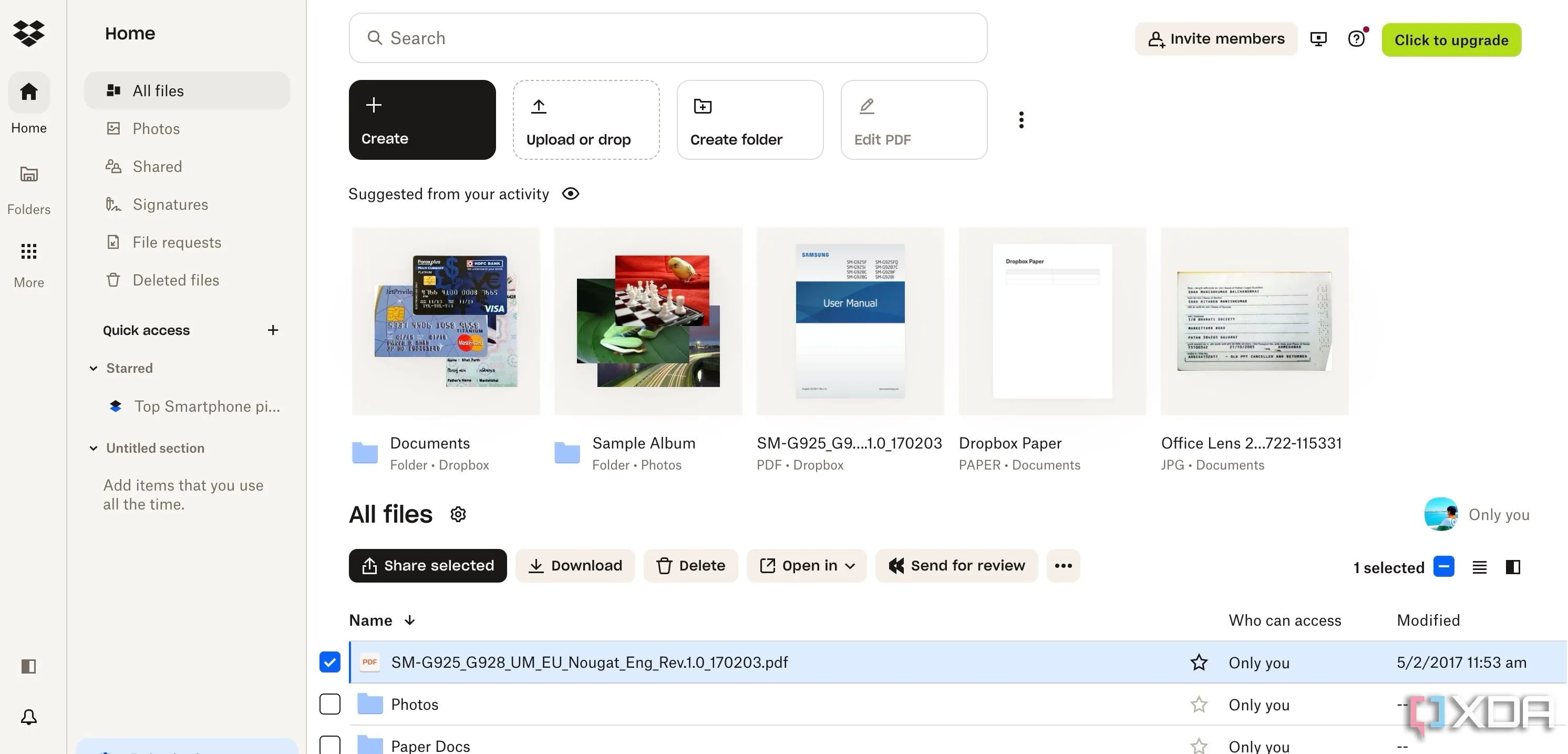 Giao diện người dùng trực quan của Dropbox, minh họa tính năng chia sẻ file đám mây tiện lợi.