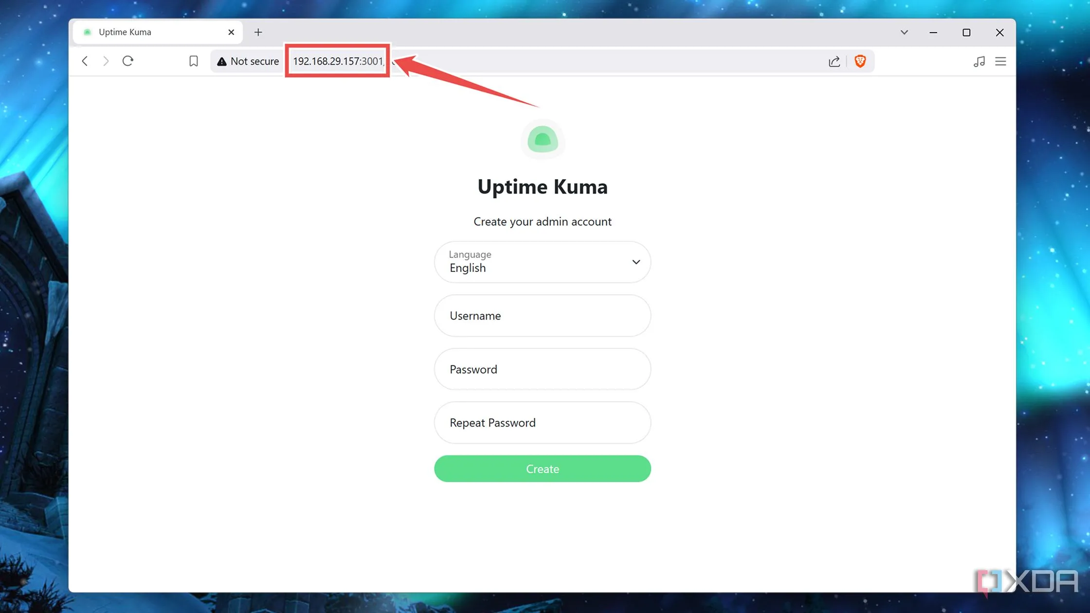 Giao diện người dùng web của Uptime Kuma được truy cập từ một thiết bị khác trong mạng gia đình.