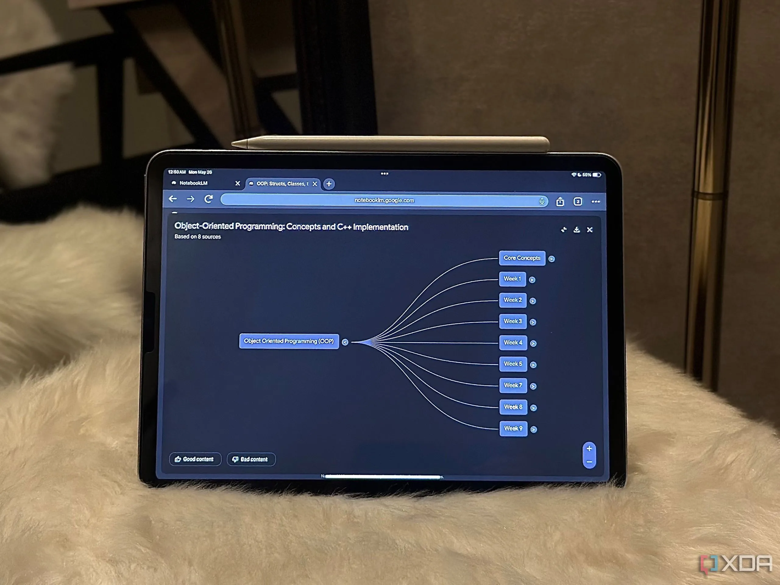 Giao diện NotebookLM trên iPad hiển thị sơ đồ tư duy phân tích tài liệu kỹ thuật, minh họa khả năng tổng hợp thông tin của AI.