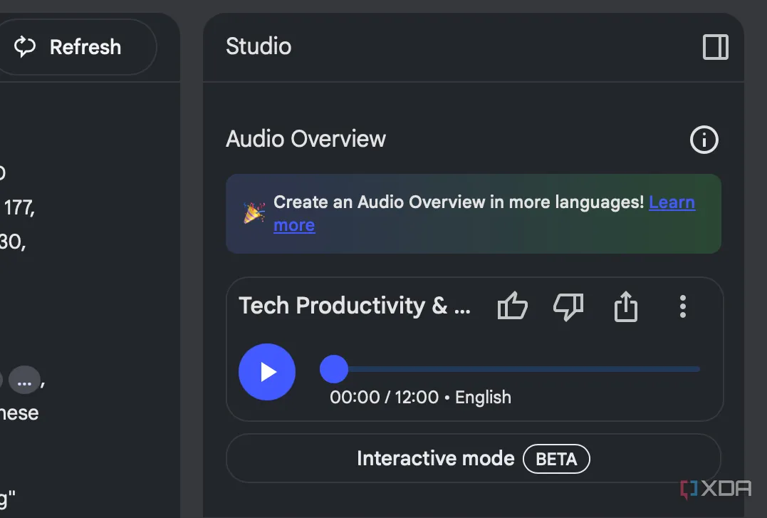 Giao diện NotebookLM với Audio Overview giúp người dùng nghe tóm tắt lịch Google Calendar được AI phân tích.