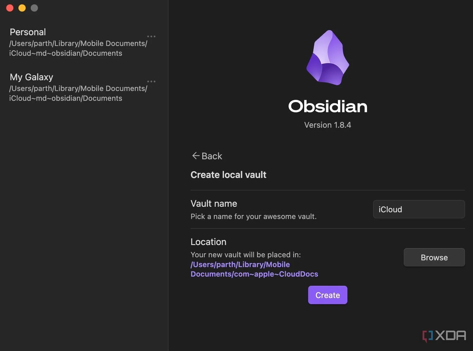 Giao diện Obsidian hiển thị thư mục iCloud đã chọn để đồng bộ hóa vault, minh họa khả năng lưu trữ dữ liệu cục bộ linh hoạt