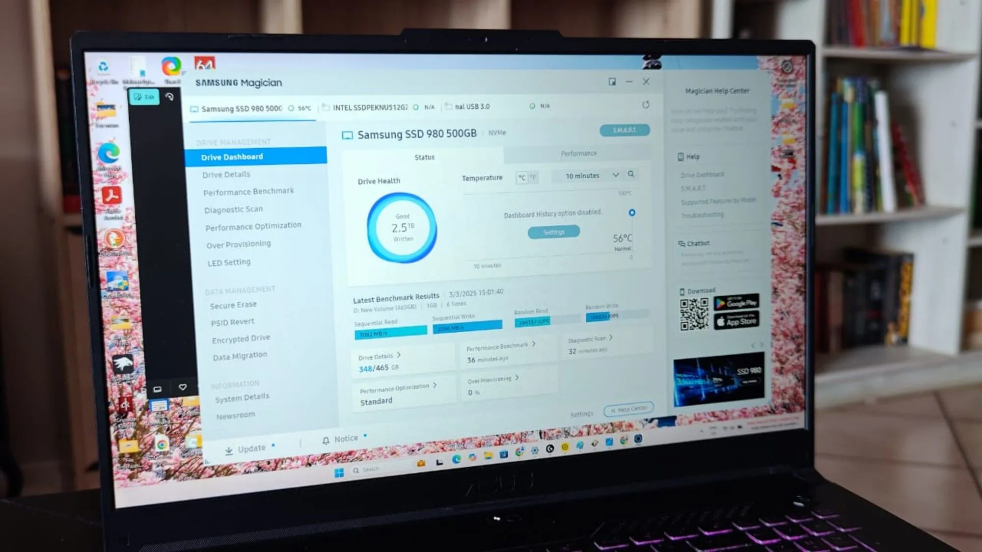Giao diện phần mềm Samsung Magician, công cụ giúp cập nhật firmware và quản lý hiệu suất ổ cứng SSD Samsung.
