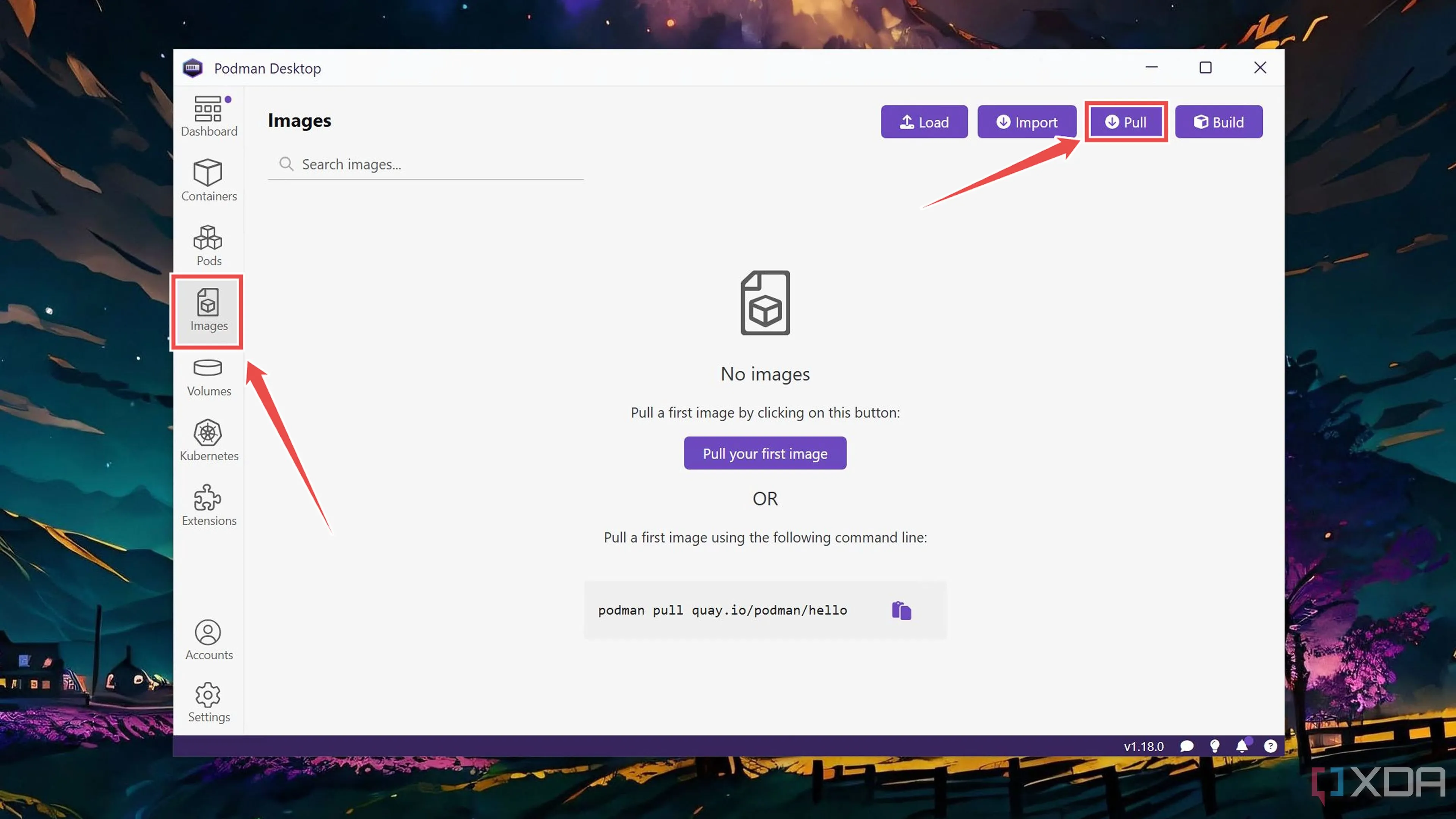 Giao diện Podman Desktop, tab &quot;Image&quot; được chọn, sẵn sàng để người dùng kéo (pull) các image container.