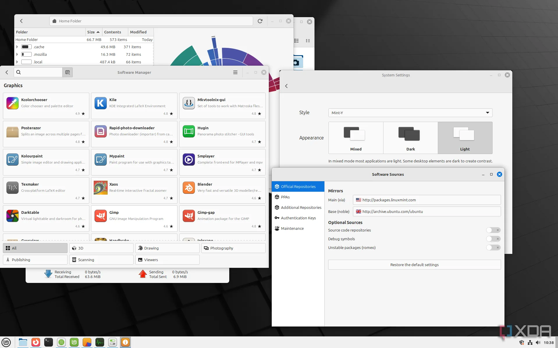 Giao diện quản lý phần mềm trên Linux Mint, hiển thị các ứng dụng phổ biến và tùy chọn tìm kiếm