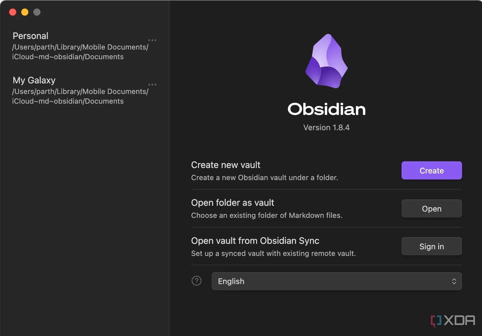 Giao diện tạo Vault mới trong Obsidian, thể hiện khả năng tùy chọn vị trí lưu trữ và đồng bộ hóa đám mây.