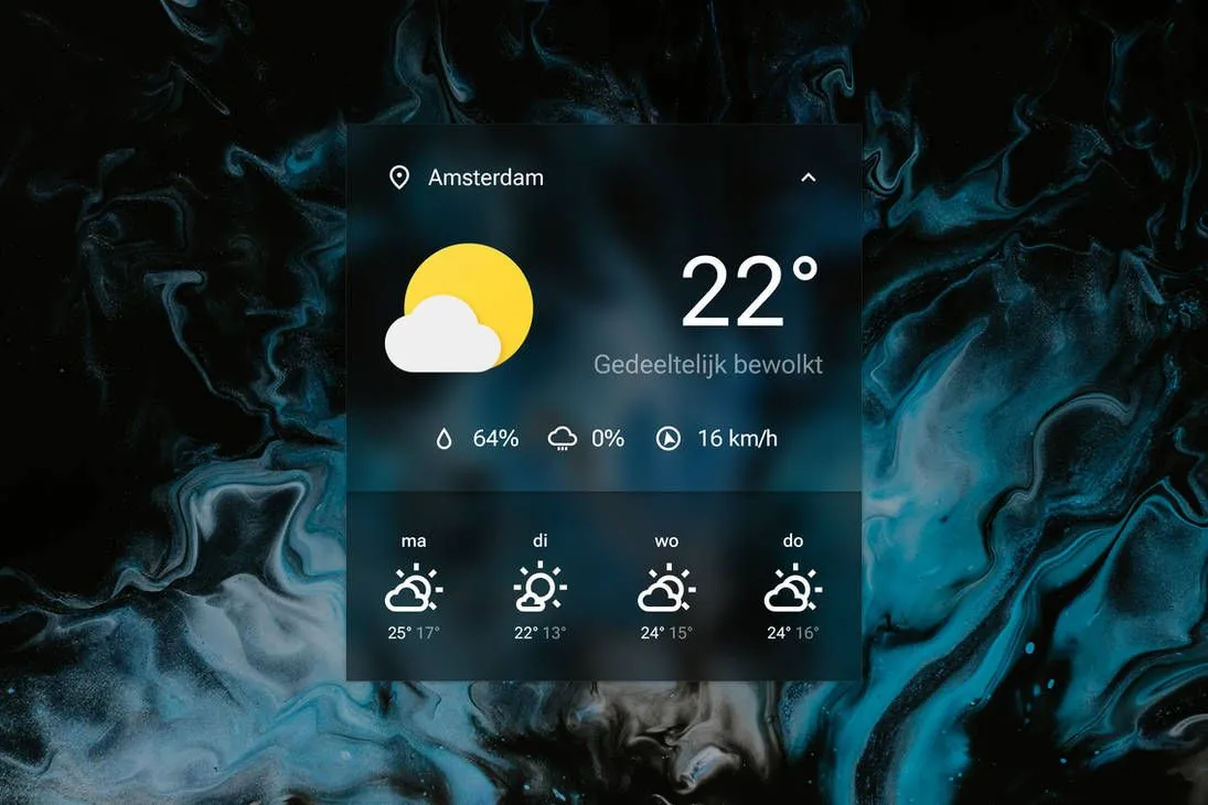 Giao diện thời tiết Sienna Rainmeter với thiết kế thẻ kính mờ, hiển thị thông tin dự báo thời tiết chi tiết