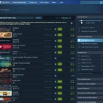 Giao diện tìm kiếm cửa hàng Steam với các bộ lọc giá và khuyến mãi giảm giá.