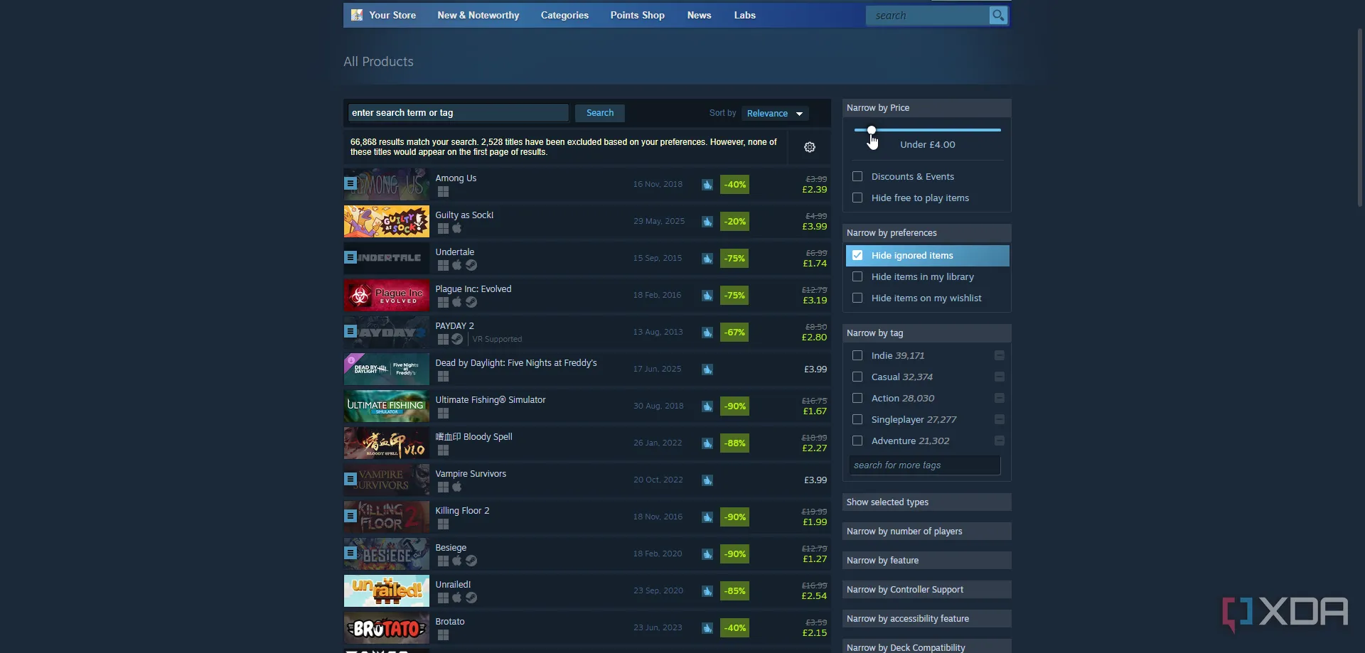 Giao diện tìm kiếm cửa hàng Steam với các bộ lọc giá và khuyến mãi giảm giá.