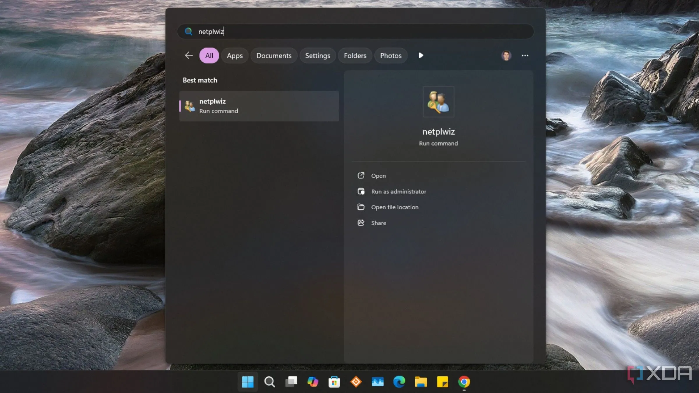 Giao diện tìm kiếm netplwiz trong menu Start của Windows 11