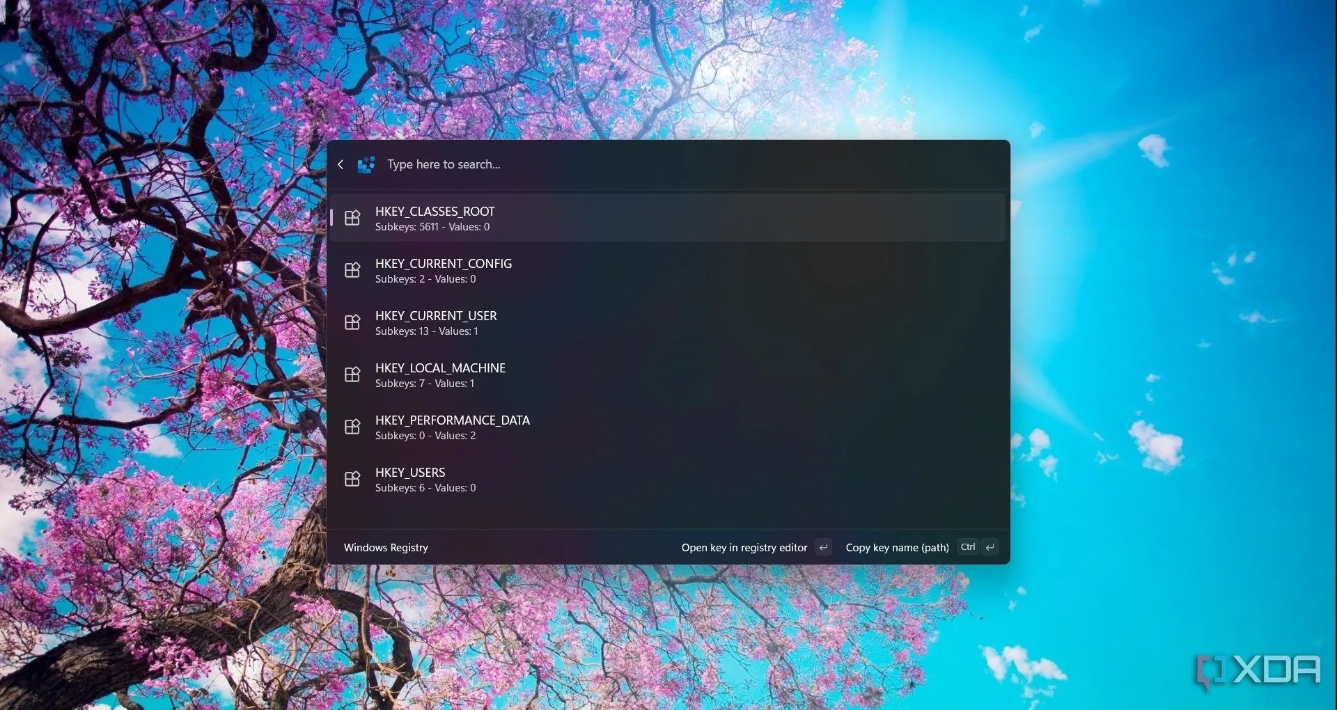 Giao diện tìm kiếm Registry trong Command Palette Windows 11