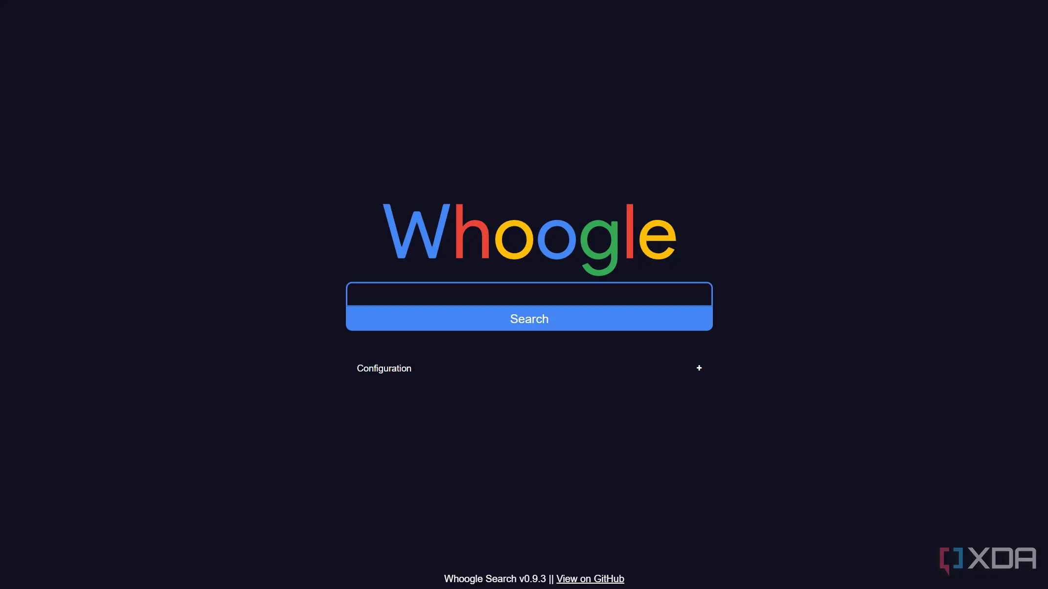 Giao diện tìm kiếm Whoogle đơn giản, sạch sẽ, không chứa quảng cáo và các yếu tố gây nhiễu.