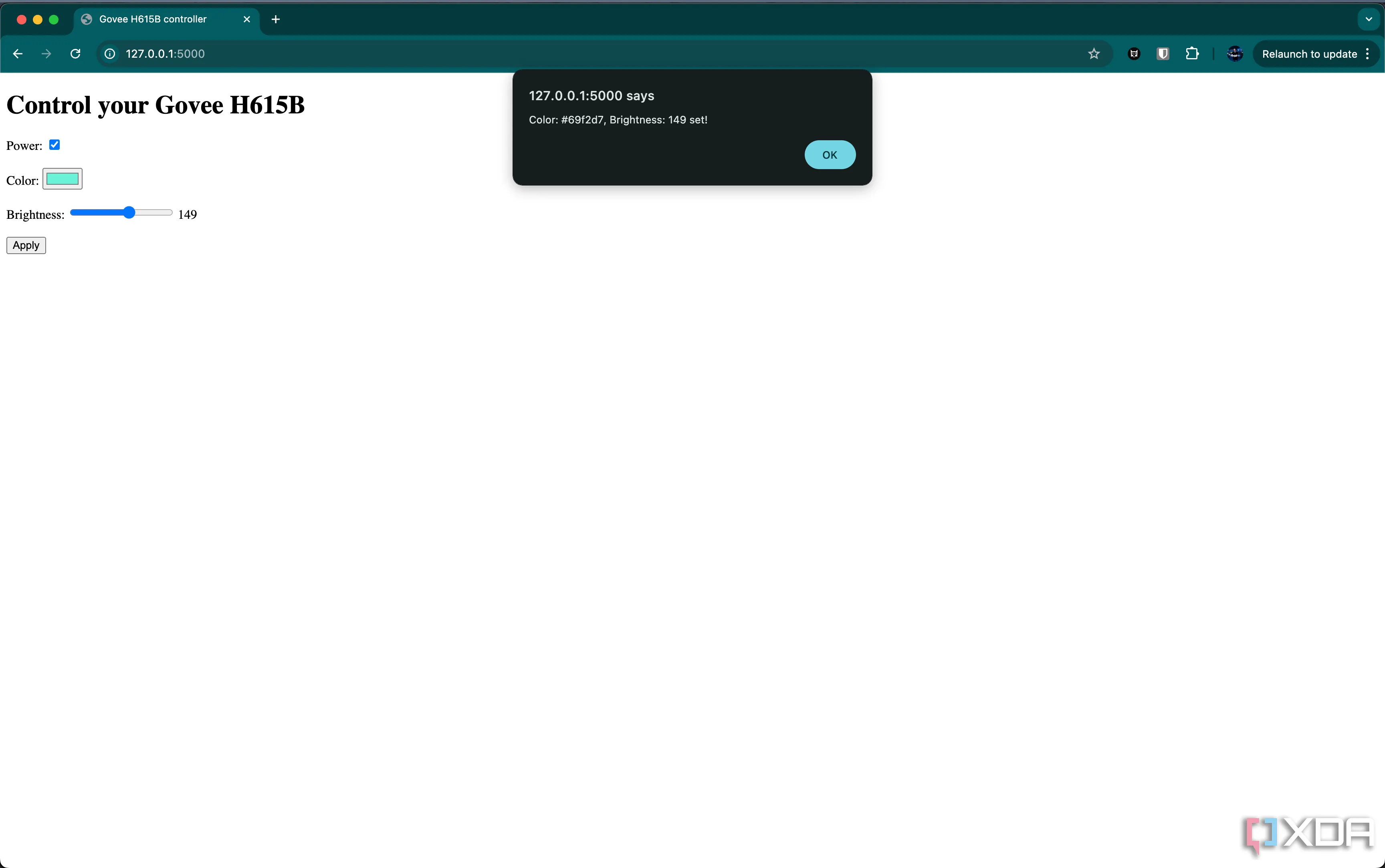 Giao diện trang web tùy chỉnh để điều khiển đèn Govee H615B, minh họa khả năng điều khiển thiết bị thông qua Bluetooth sau quá trình đảo ngược kỹ thuật.