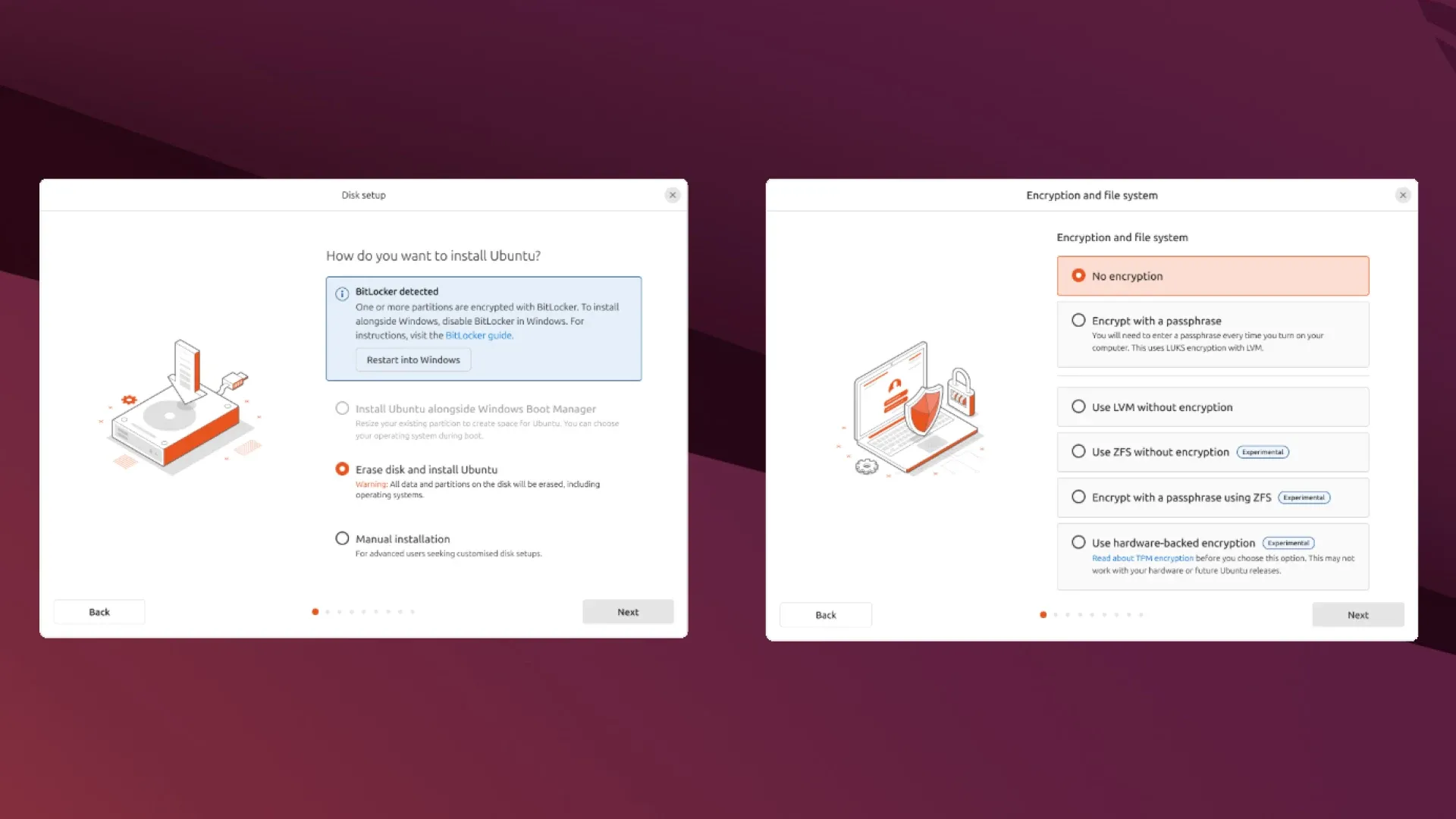 Giao diện trình cài đặt Ubuntu 25.04 mới với các tùy chọn phân vùng và mã hóa