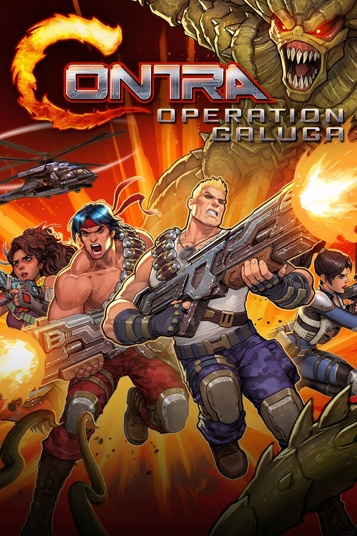 Giao diện trò chơi Contra 3: The Alien Wars trên Super Nintendo, với hai nhân vật chính đang chiến đấu trong môi trường hoang tàn