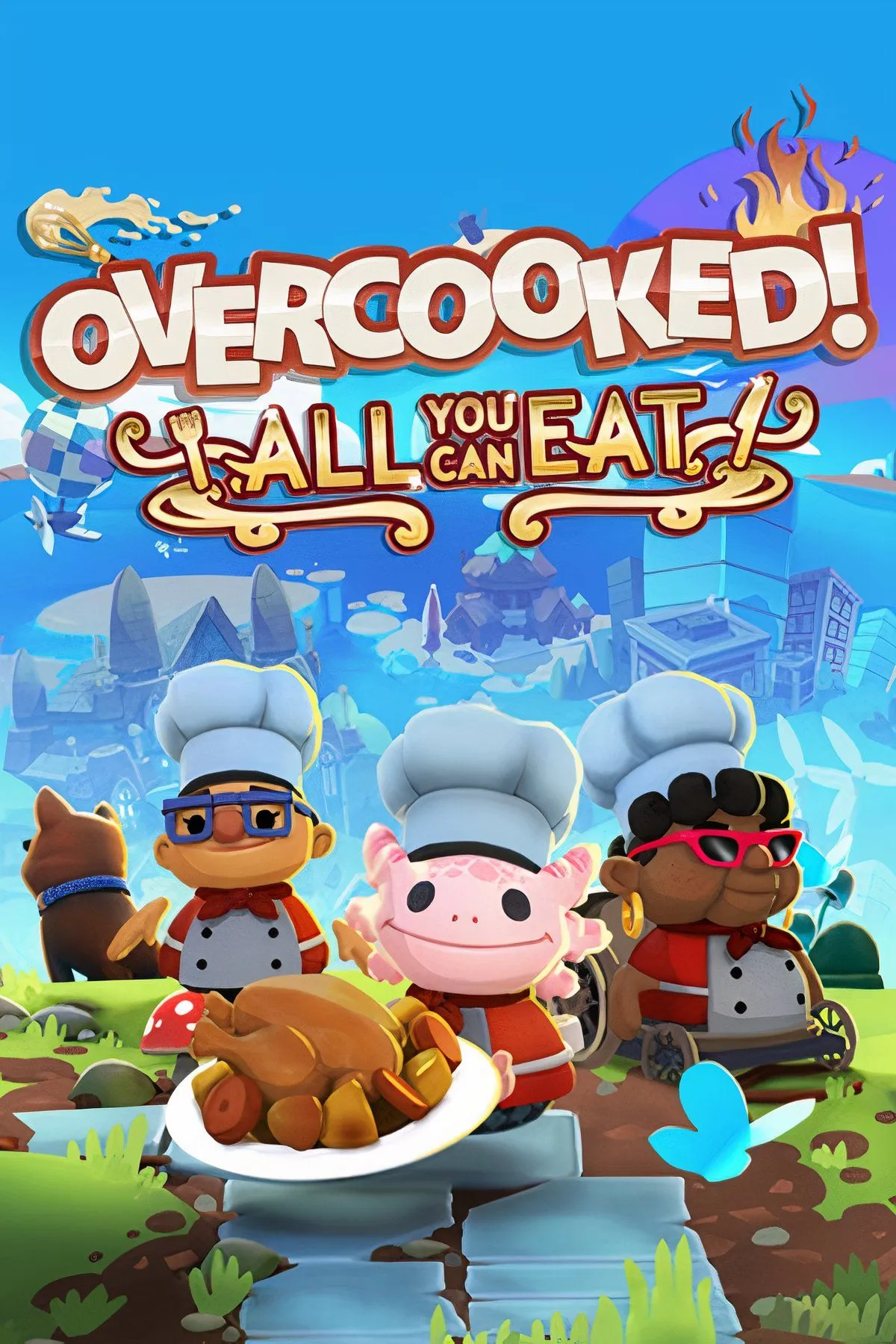 Giao diện trò chơi Overcooked: All You Can Eat với các đầu bếp nhỏ đang hối hả chế biến món ăn trong một nhà bếp độc đáo, minh họa sự hỗn loạn vui nhộn của game co-op nấu ăn.