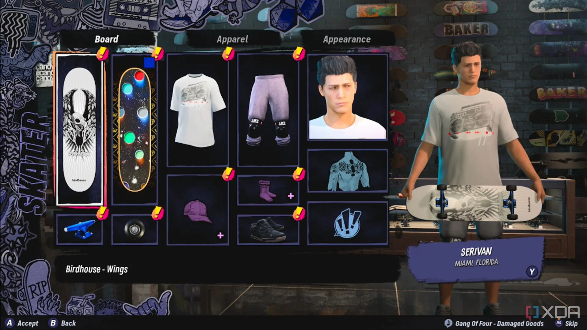 Giao diện tùy chọn Create-A-Skater trong Tony Hawk's Pro Skater 3+4, nơi người chơi tạo nhân vật riêng