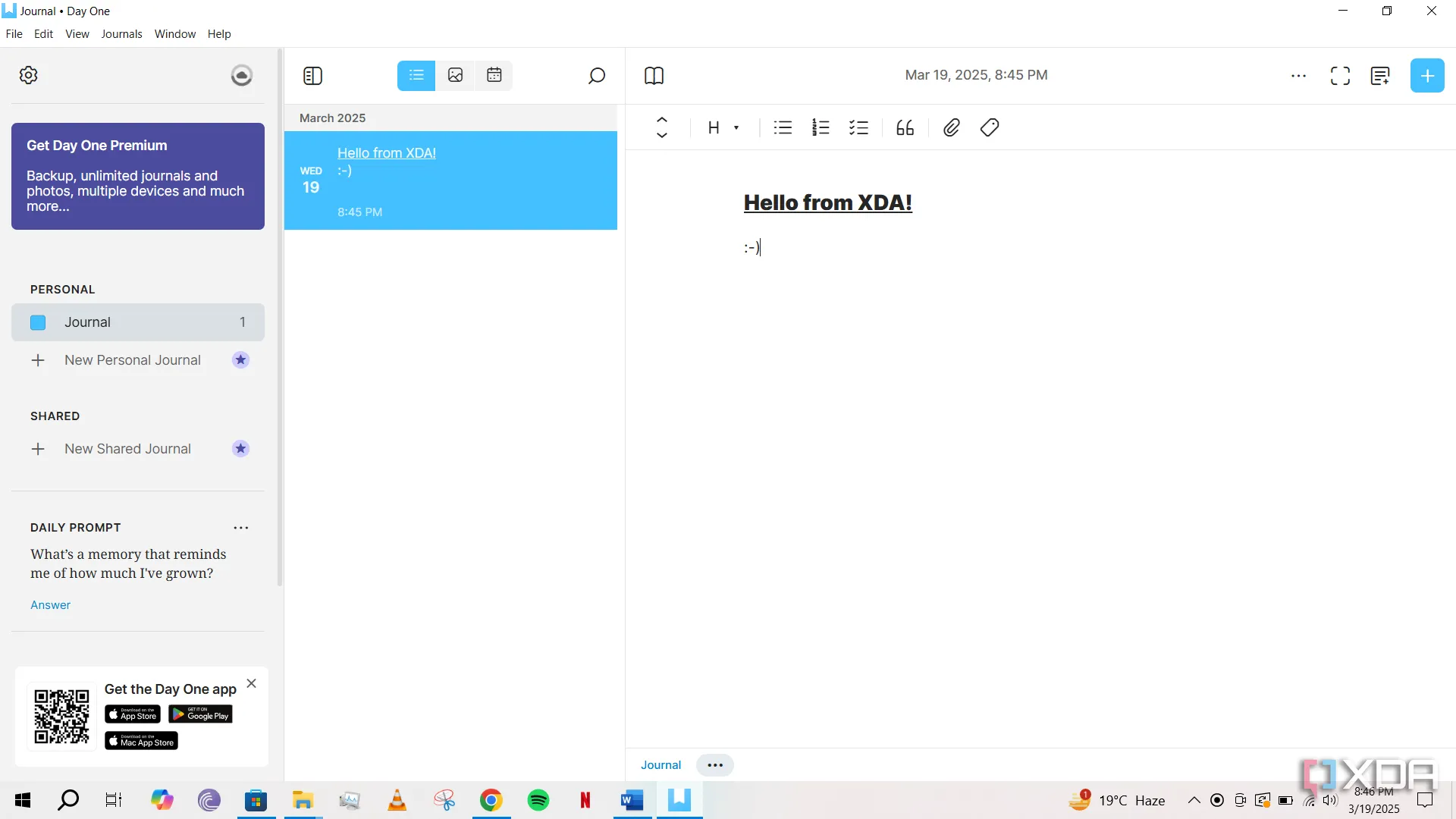 Giao diện ứng dụng Day One hoạt động mượt mà trên hệ điều hành Windows