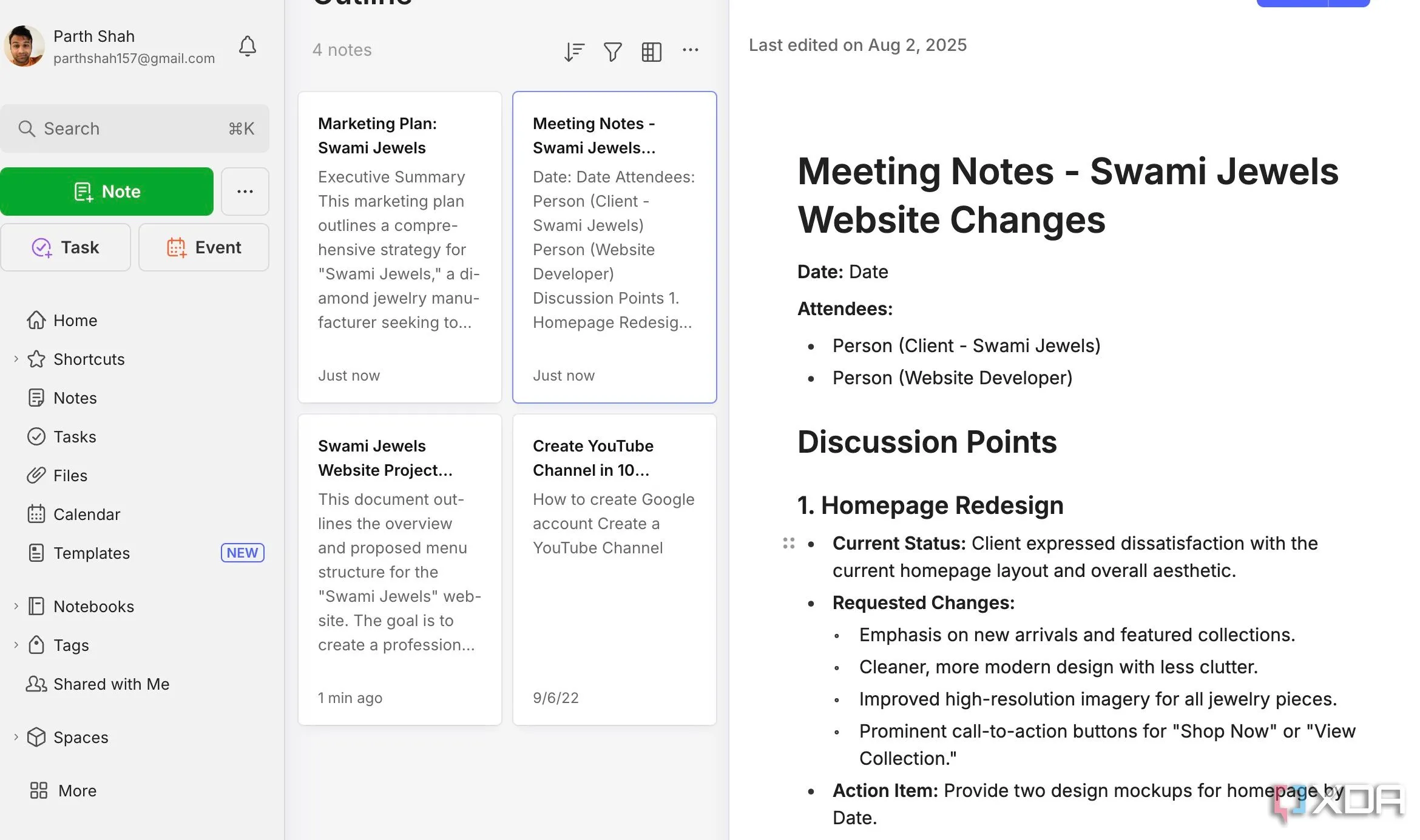 Giao diện ứng dụng Evernote với các ghi chú và tính năng AI cơ bản