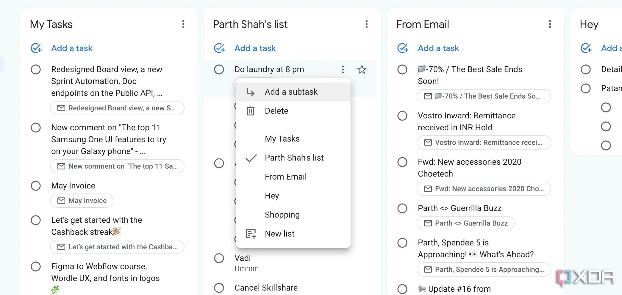 Giao diện ứng dụng Google Tasks với các tác vụ và tính năng đơn giản dễ sử dụng