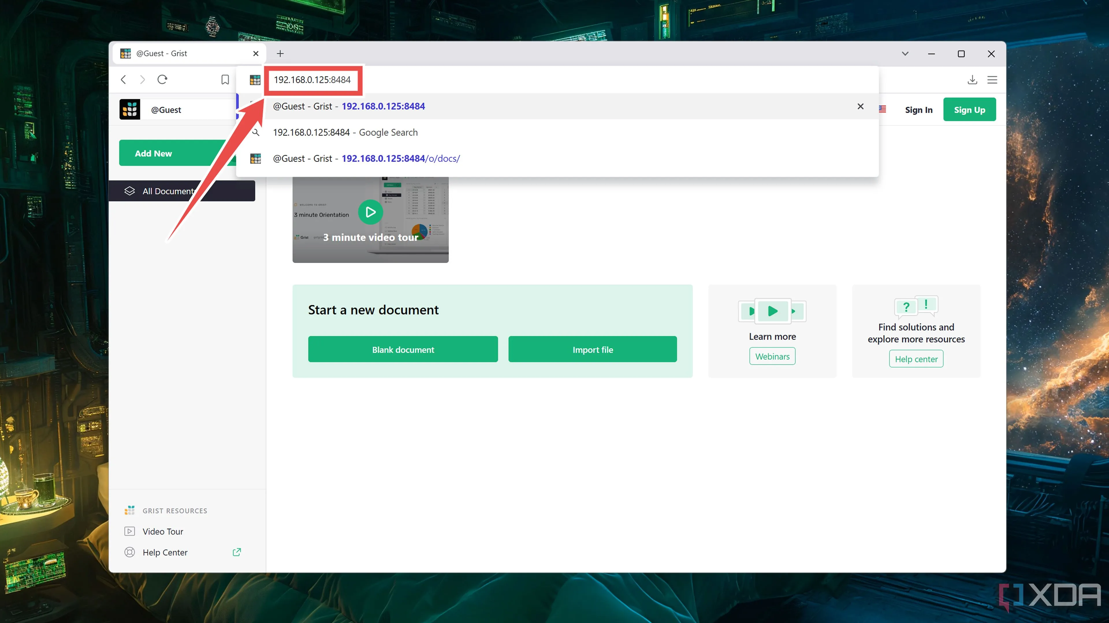 Giao diện web của ứng dụng Grist sau khi triển khai