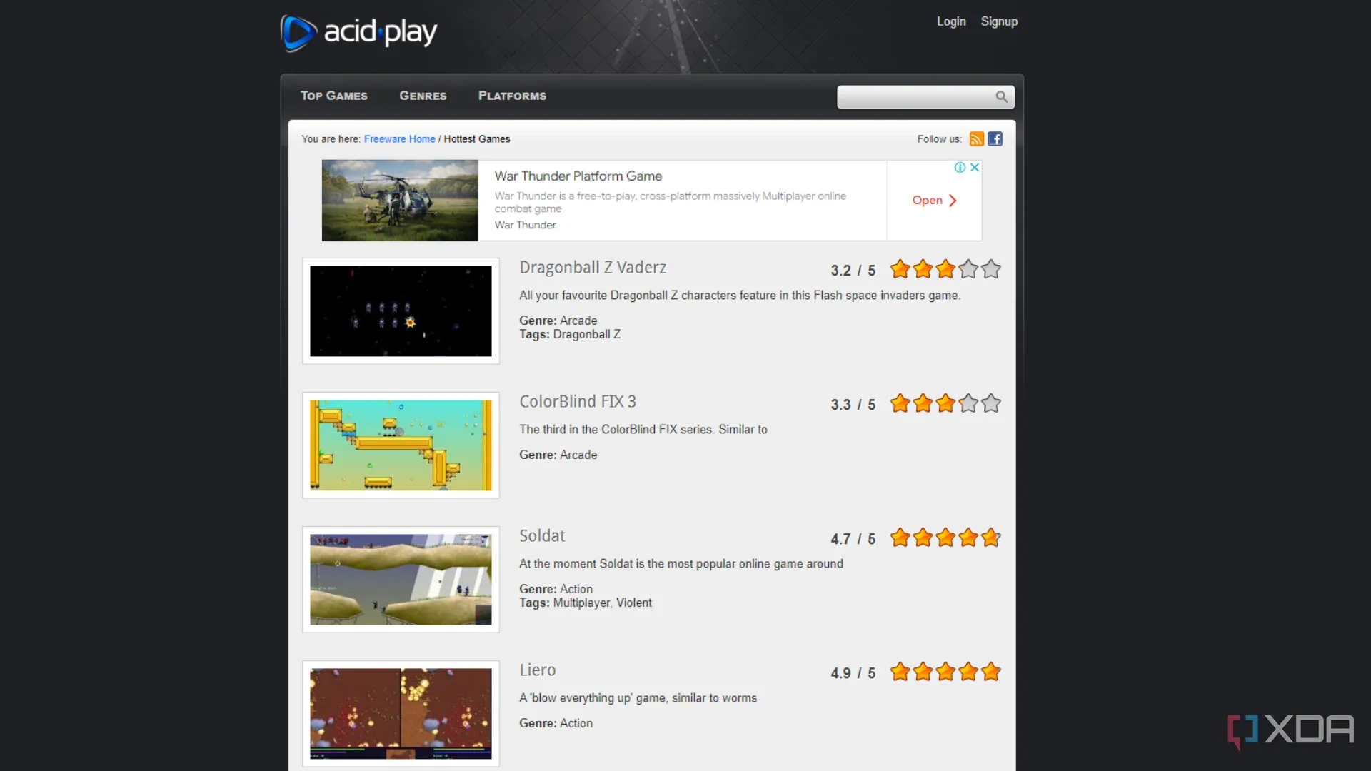 Giao diện website Acid Play cung cấp nhiều tựa game indie và game retro miễn phí.