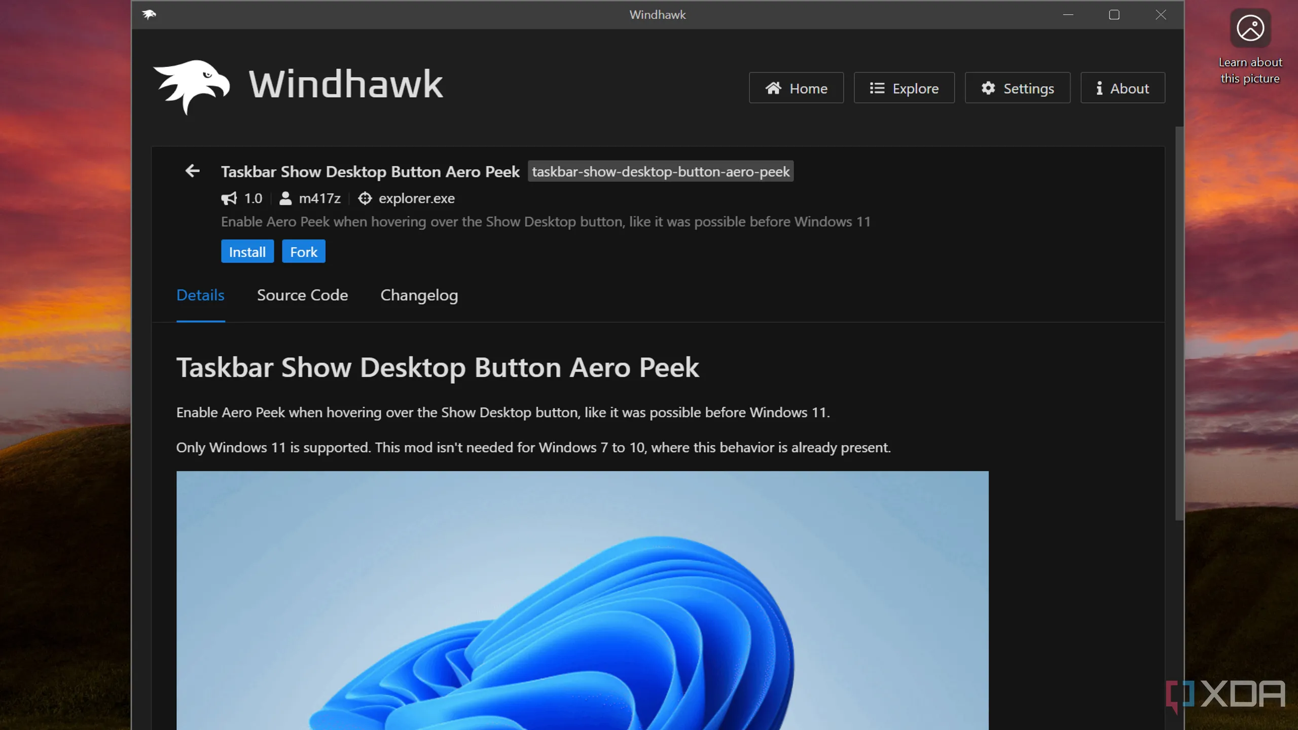 Giao diện Windhawk và mod Taskbar Show Desktop Button Aero Peek giúp khôi phục tính năng hiển thị desktop khi rê chuột trên Windows 11.